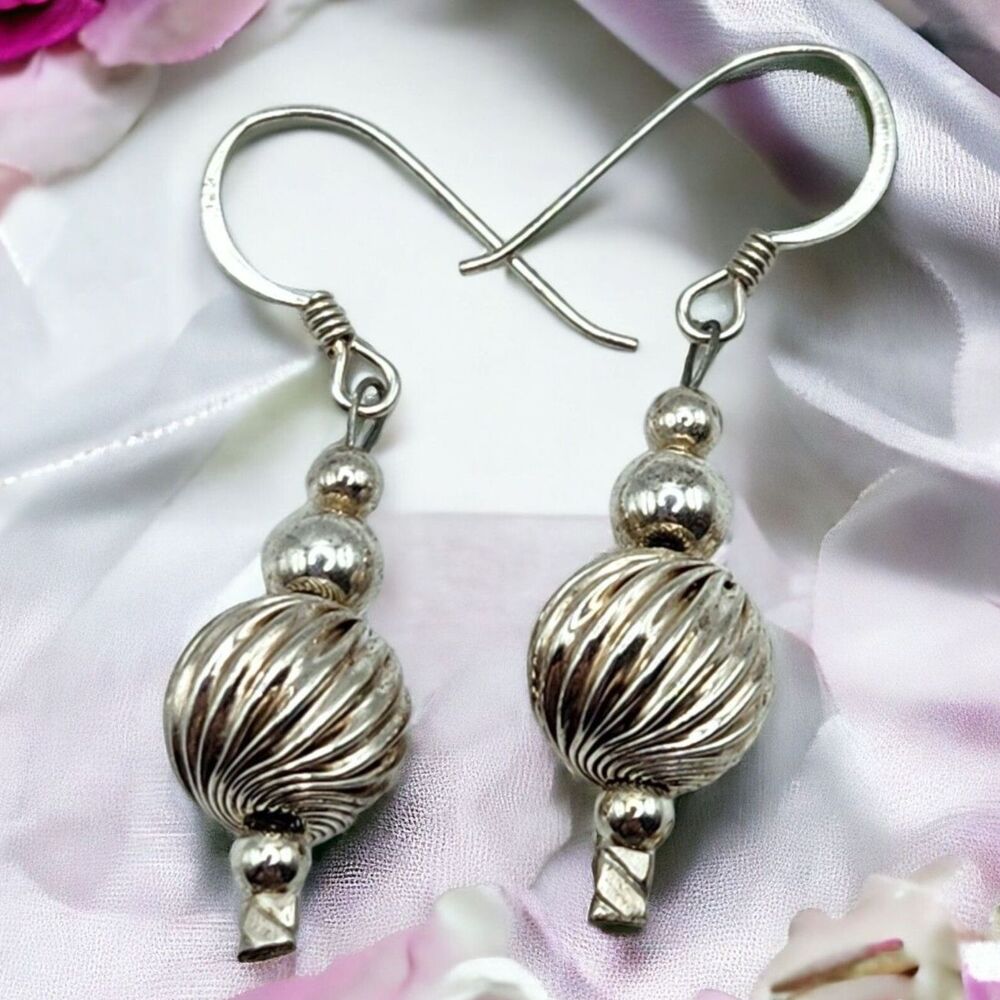 Sterling Silver Minimalist 1.5" Earrings Textures Swirl Ball Smooth Ball Dangle